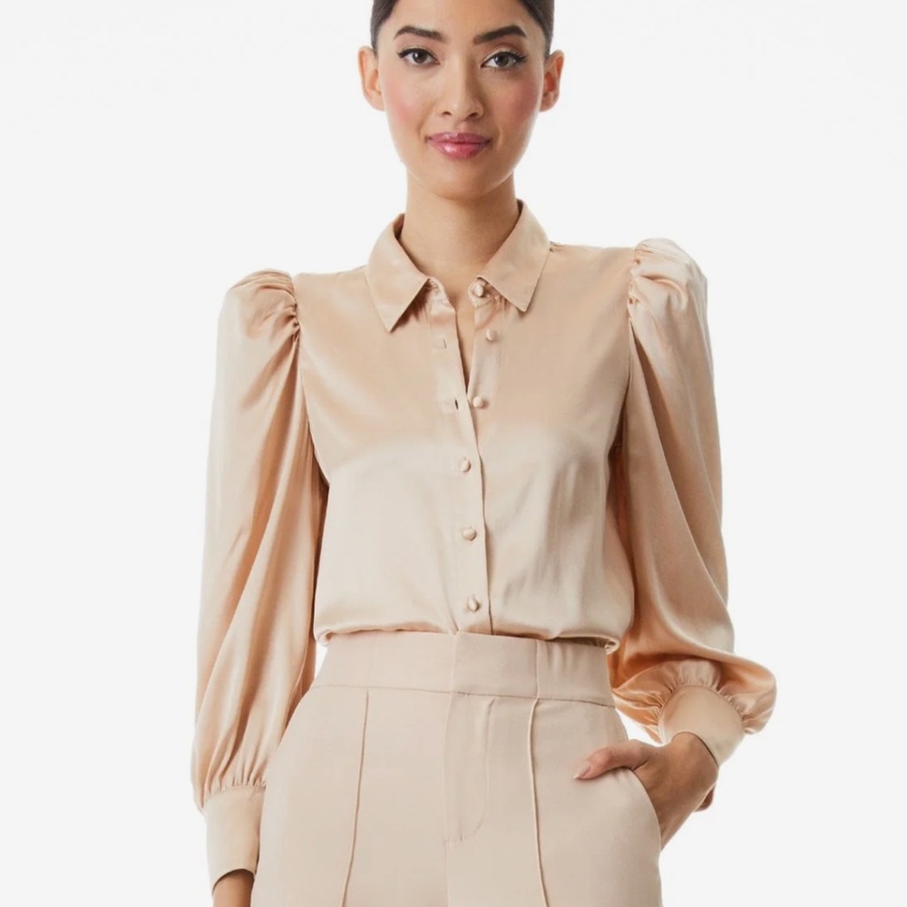 Alice + Olivia Blush Satin Puff-Sleeve Button-Up Blouse